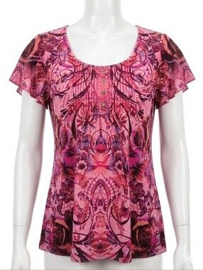 Energe Y2K Fairycore Pink Floral Boho Print Flutter Sleeve Blouse Top Size M
